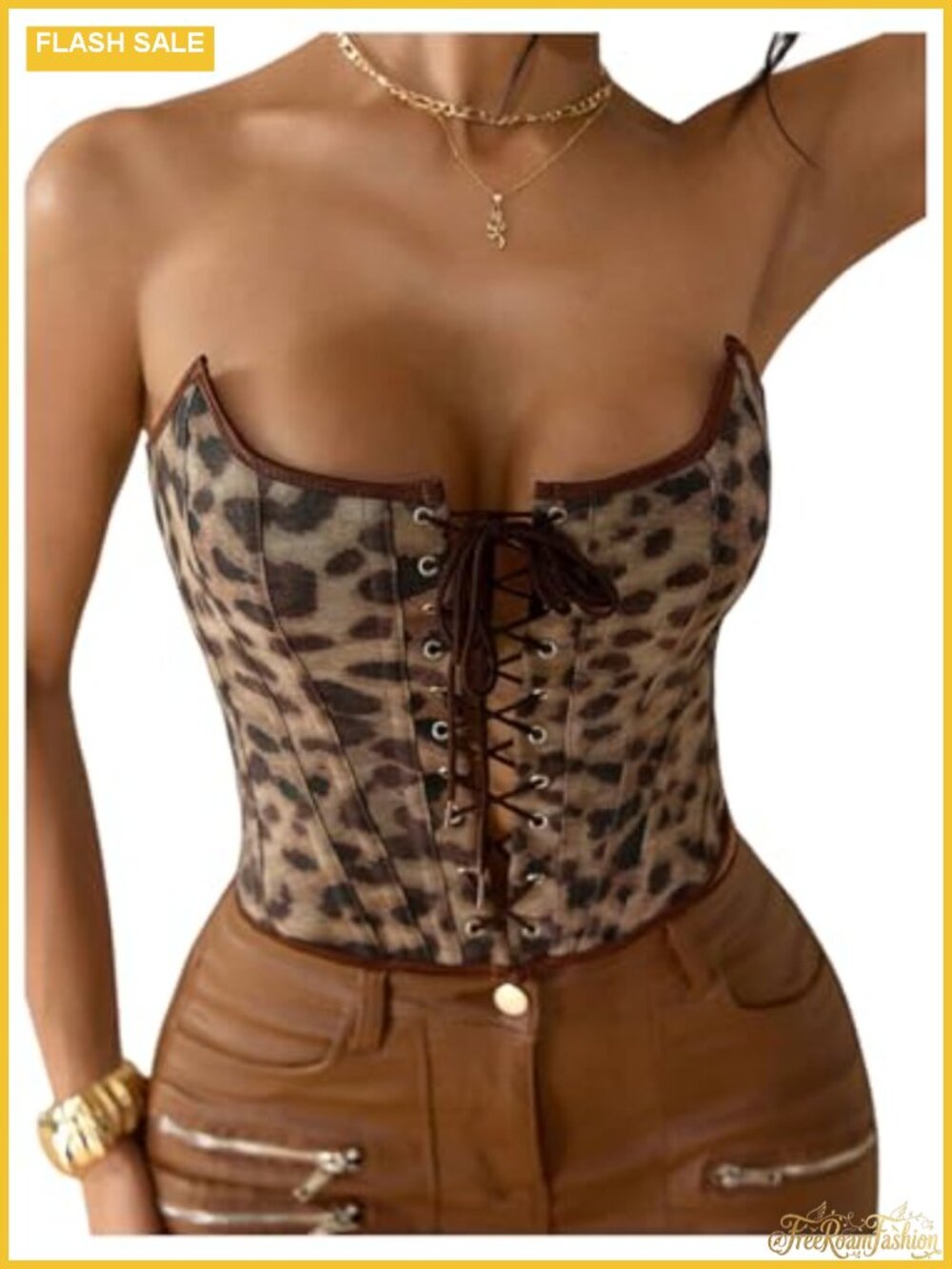 Y2K Leopard Lace Up Crop Tube Top Strapless Corset Bustier
